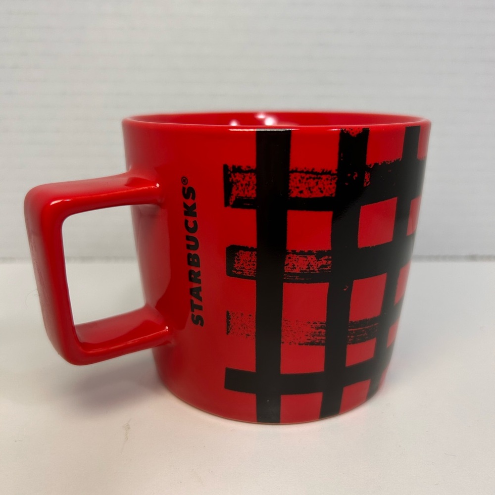 Starbucks 2016 Red Black Plaid Coffee Mug, Square Handle 14 Oz